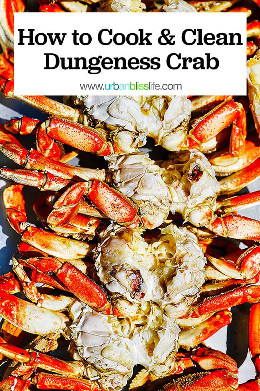four Dungeness crabs cooked and cleaned with title text overlay.