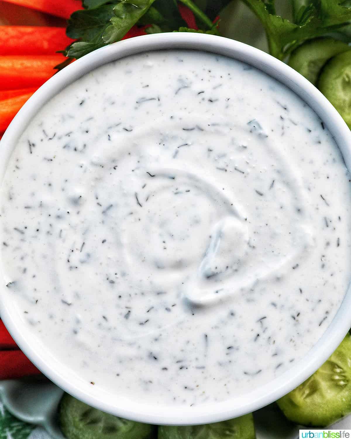 bowl of dairy free ranch dressing with carrot sticks, cucumber slices, and herbs.