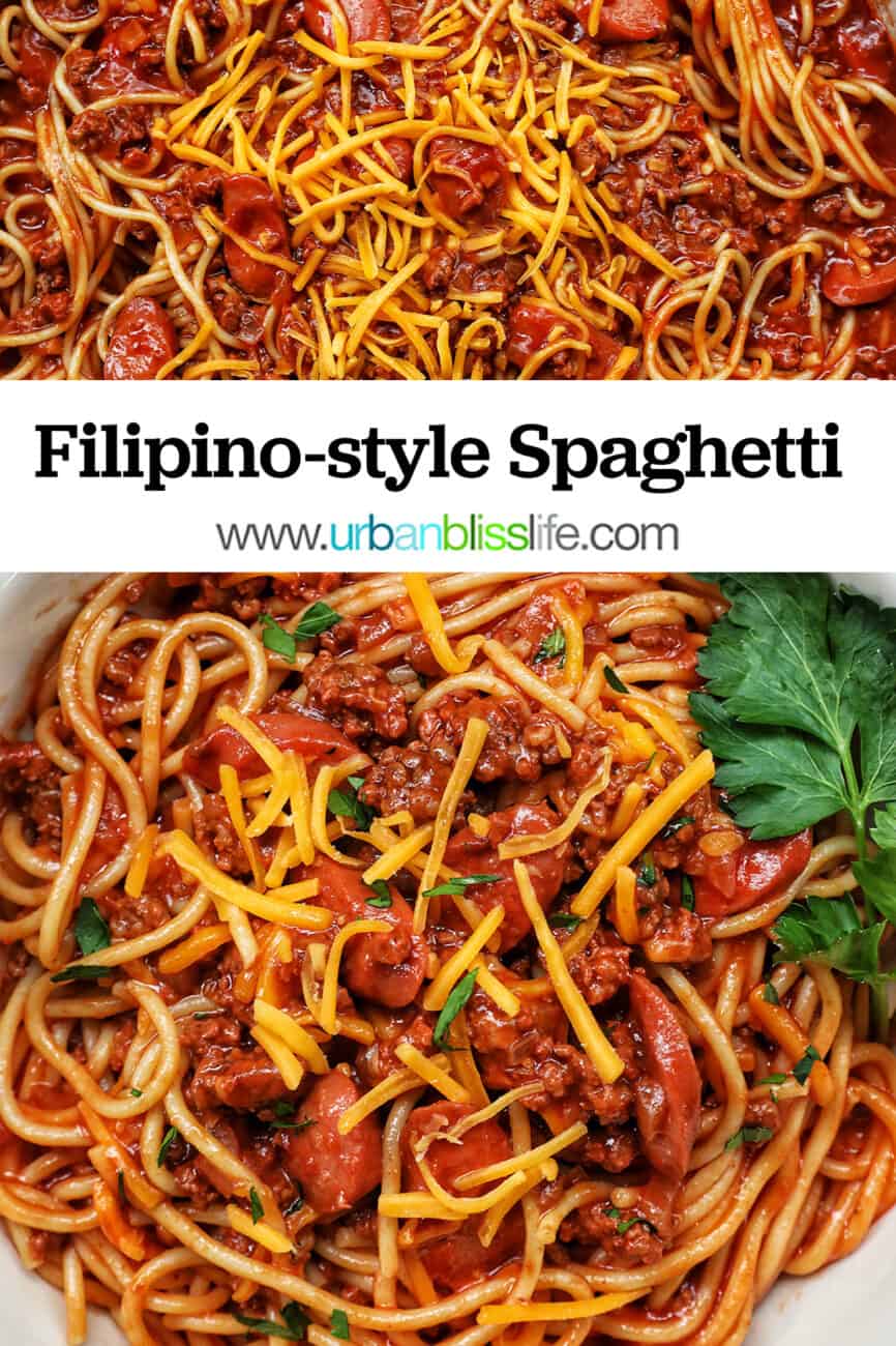Jolibee spaghetti in a bowl with parsley, shredded cheese with text reading Filipino-style Spaghetti.