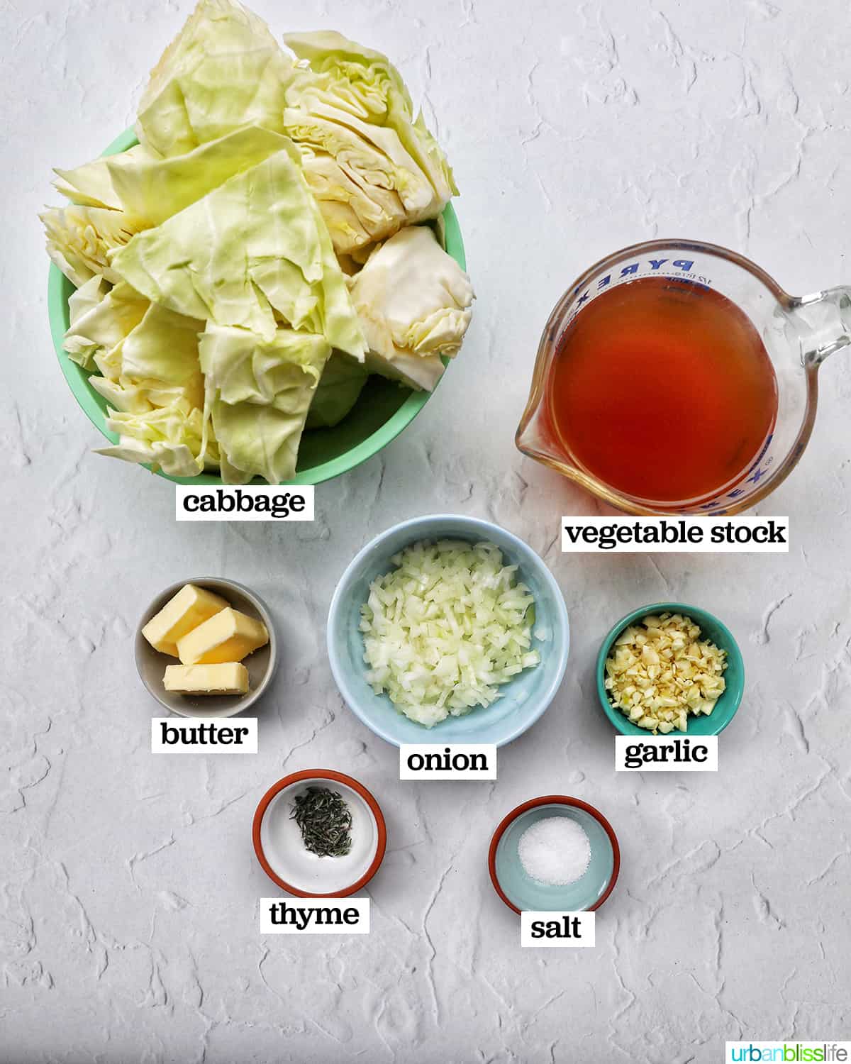 bowls of ingredients to make Instant Pot Cabbage.