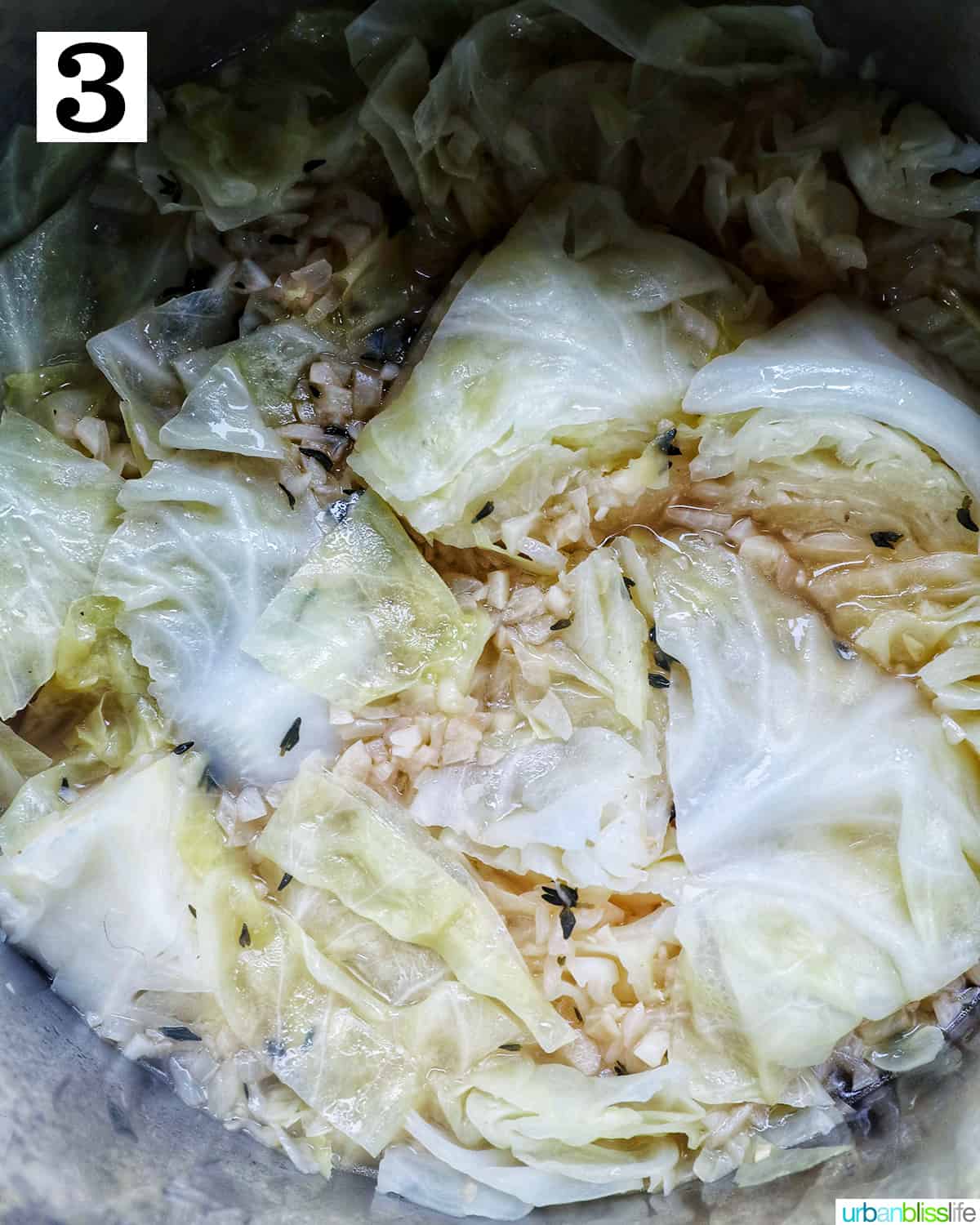 cooked cabbage leaves and garlic in an instant pot.