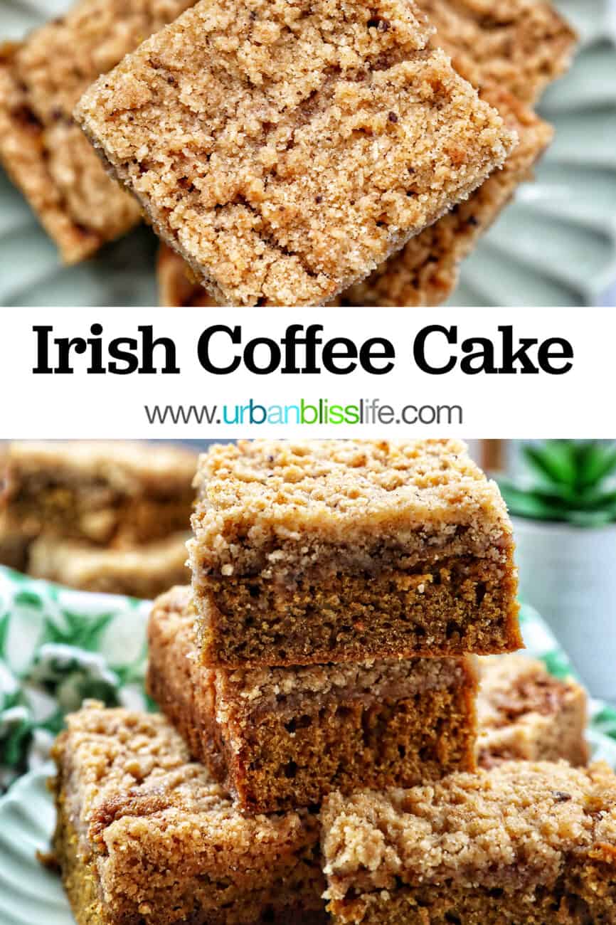 stack of Irish coffee cake on a green plate with green patterned napkins, and text that reads Irish Coffee Cake.