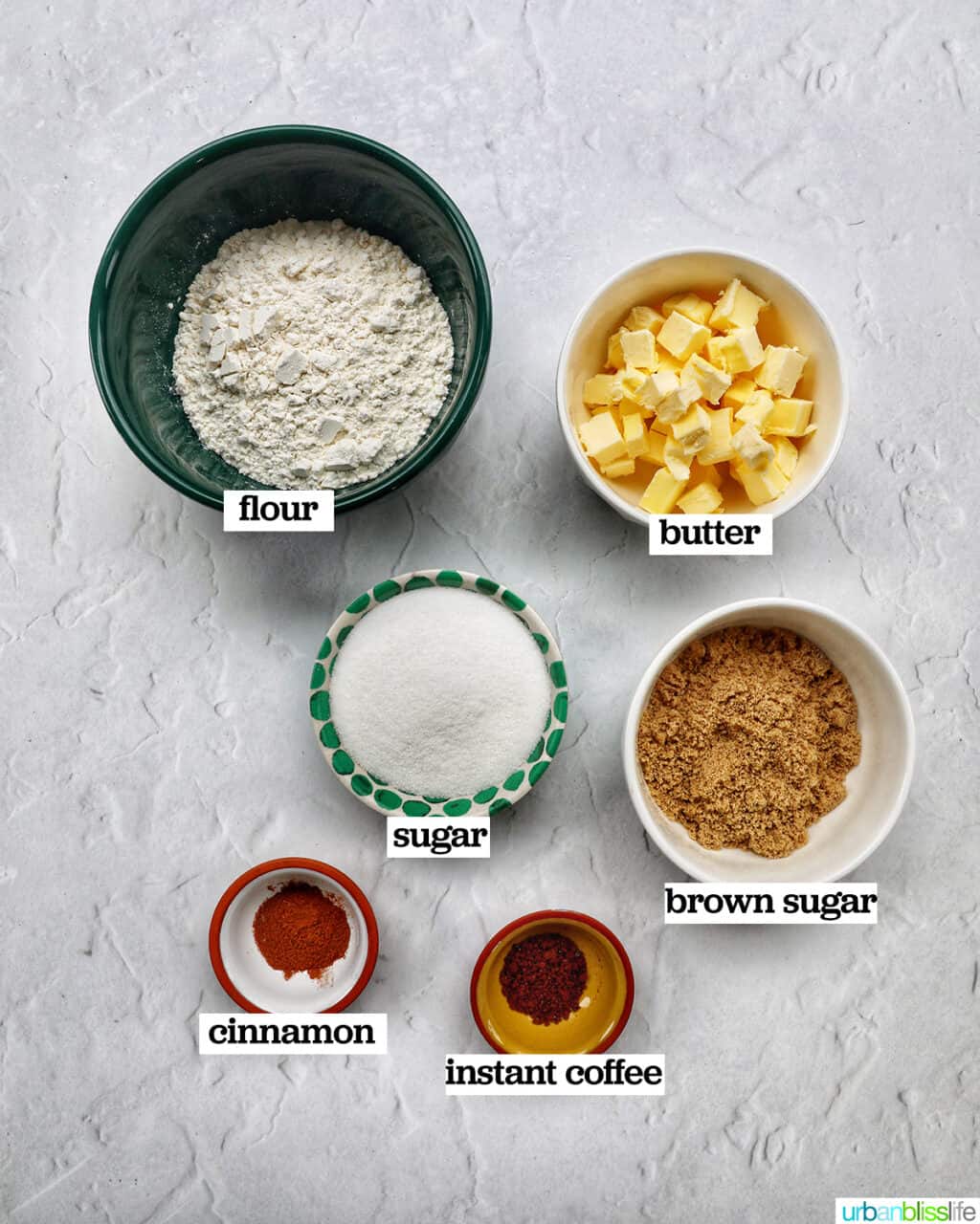 bowls of ingredients to make crumb topping for Irish coffee cake.