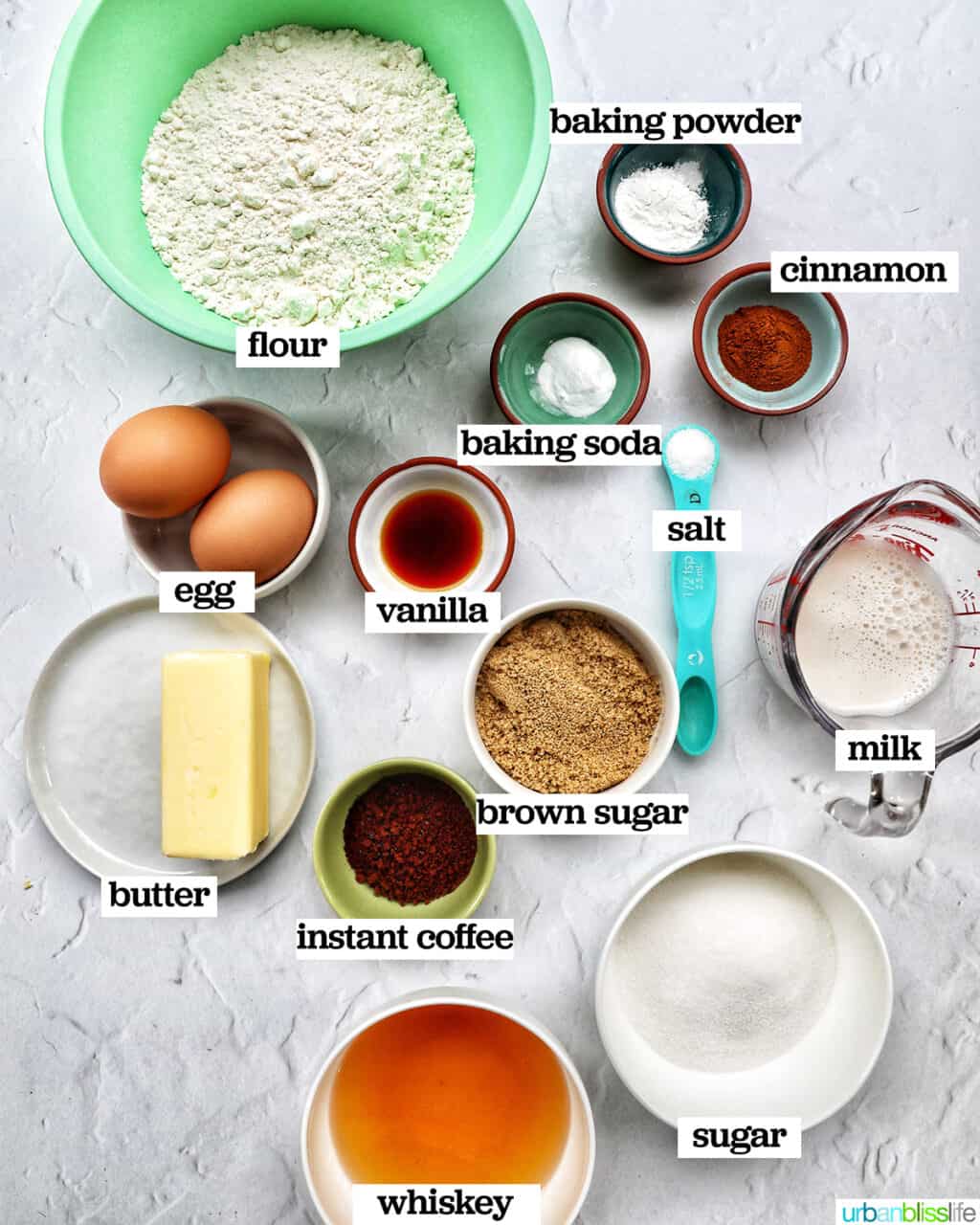 bowls of ingredients to make Irish coffee cake.