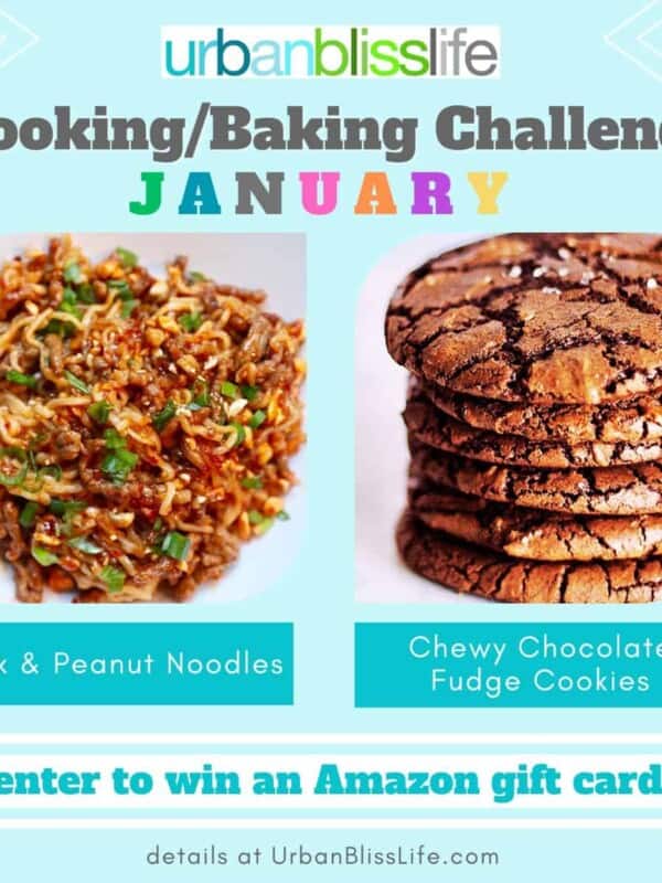 january 2024 baking and cooking challenge graphic with photos of pork and peanut noodles and chewy chocolate fudge cookies.