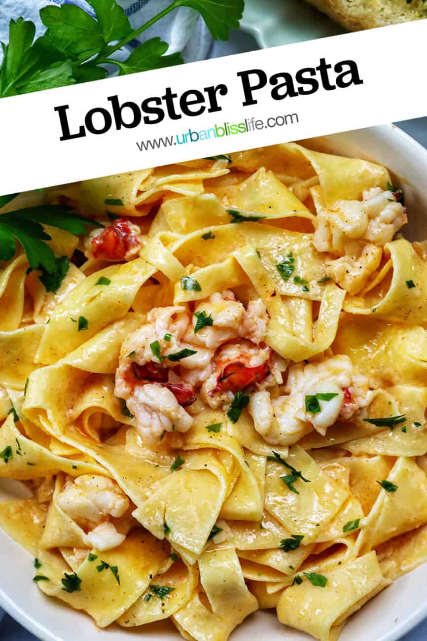 bowl of lobster pasta with side of parsley with title text overlay