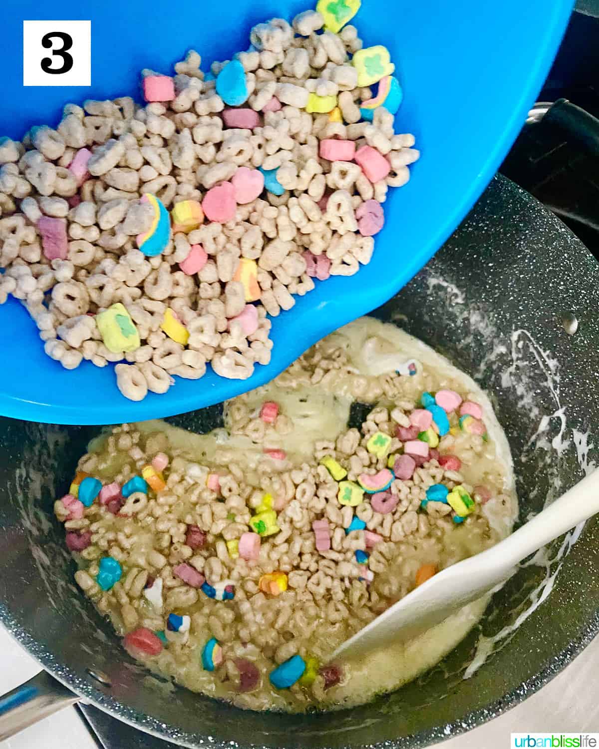 mixing batch of lucky charms cereal bars
