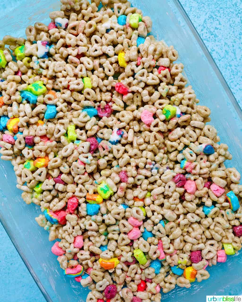 lucky charms bars in glass pan