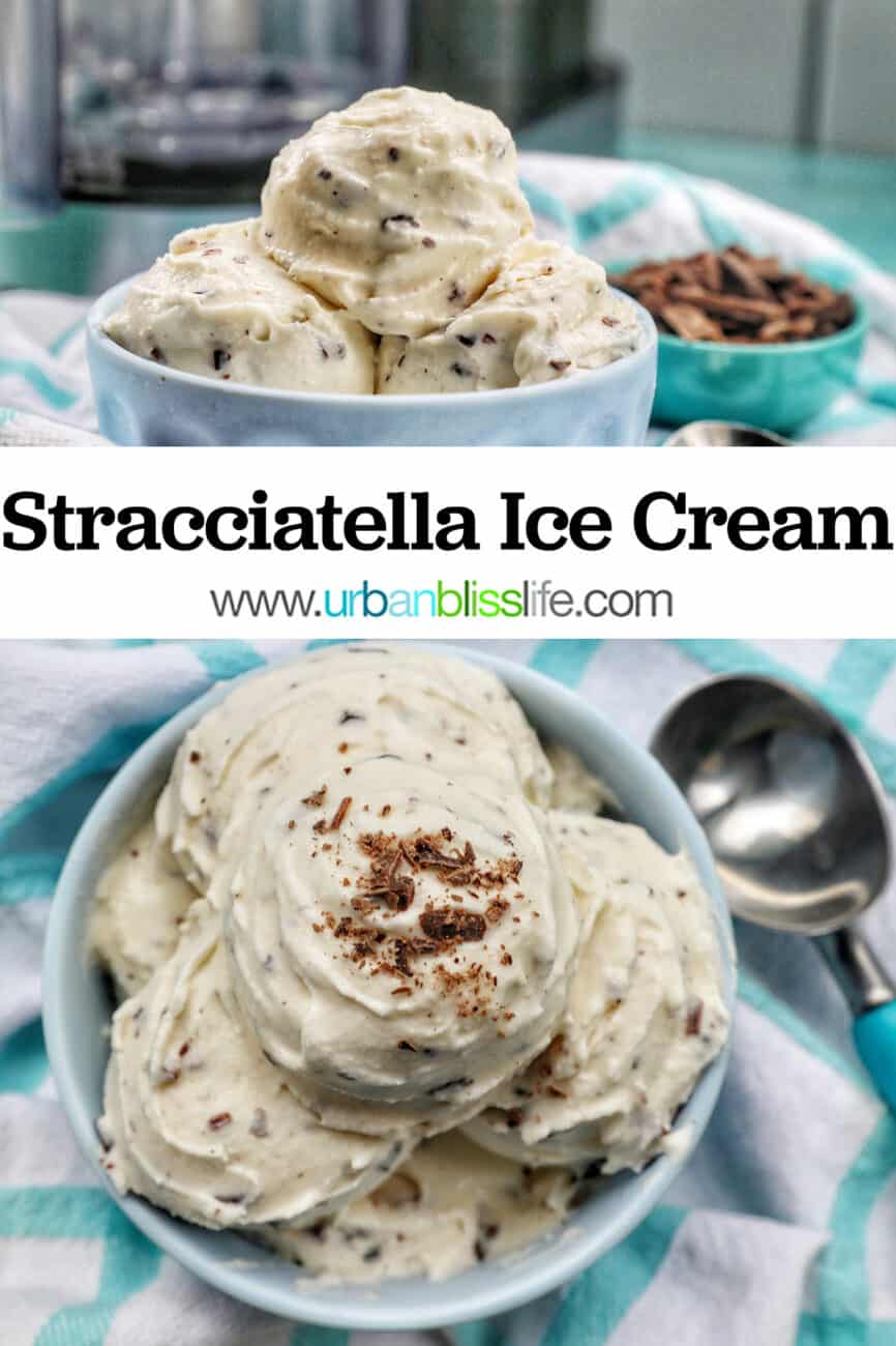 bowl of scoops of stracciatella ice cream with text that reads Stracciatella Ice Cream.