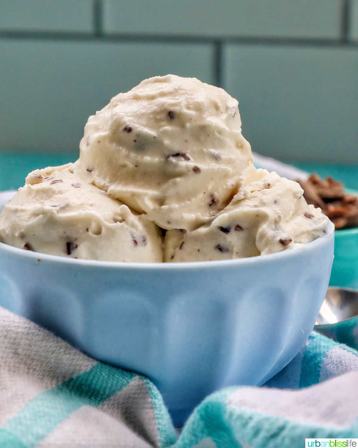 bowl of stracciatella ice cream scoops with bowl of chocolate shavings on the side.