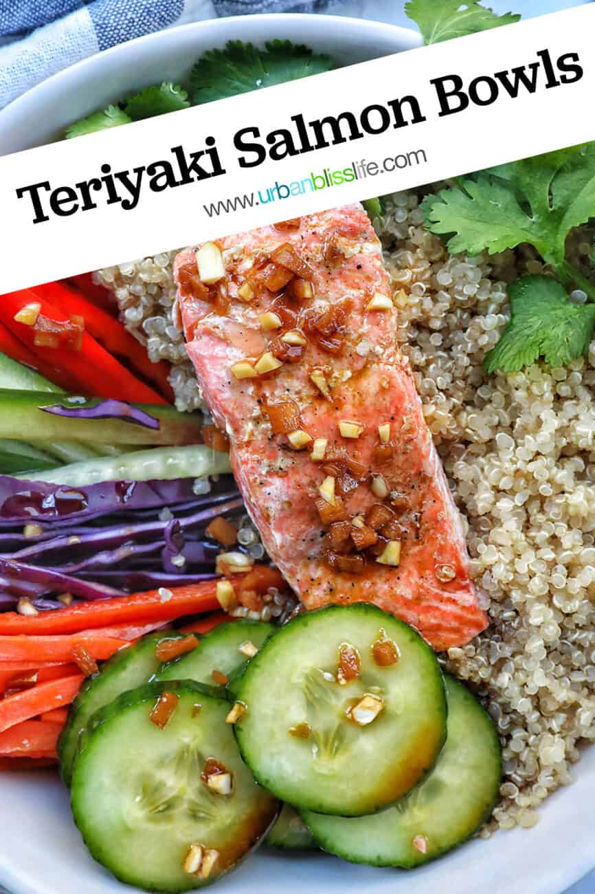 teriyaki salmon on a bed of quinoa with side of sliced colorful vegetables and a fork with text that reads Teriyaki Salmon Bowl.