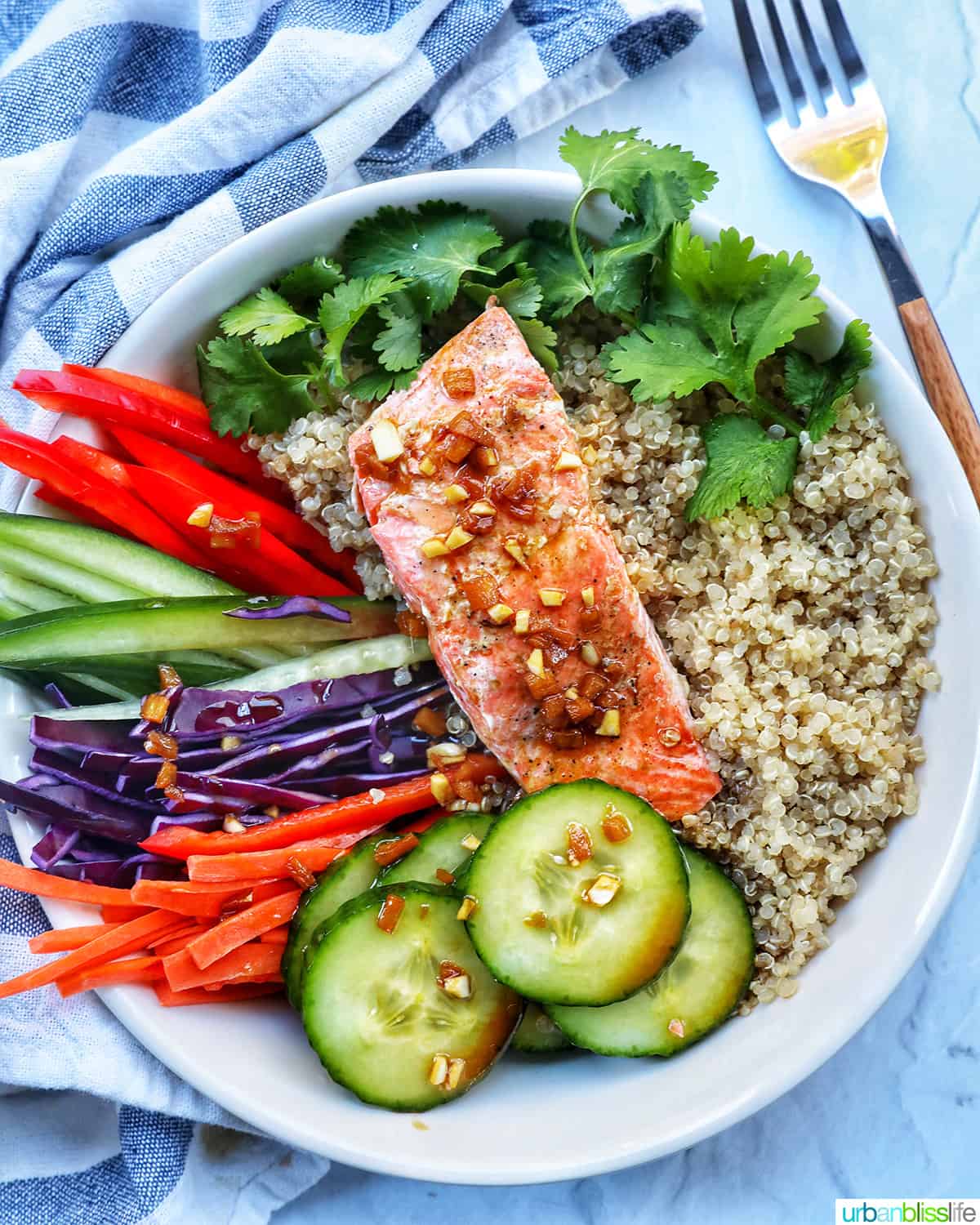 teriyaki salmon on a bed of quinoa with side of sliced colorful vegetables and a fork.