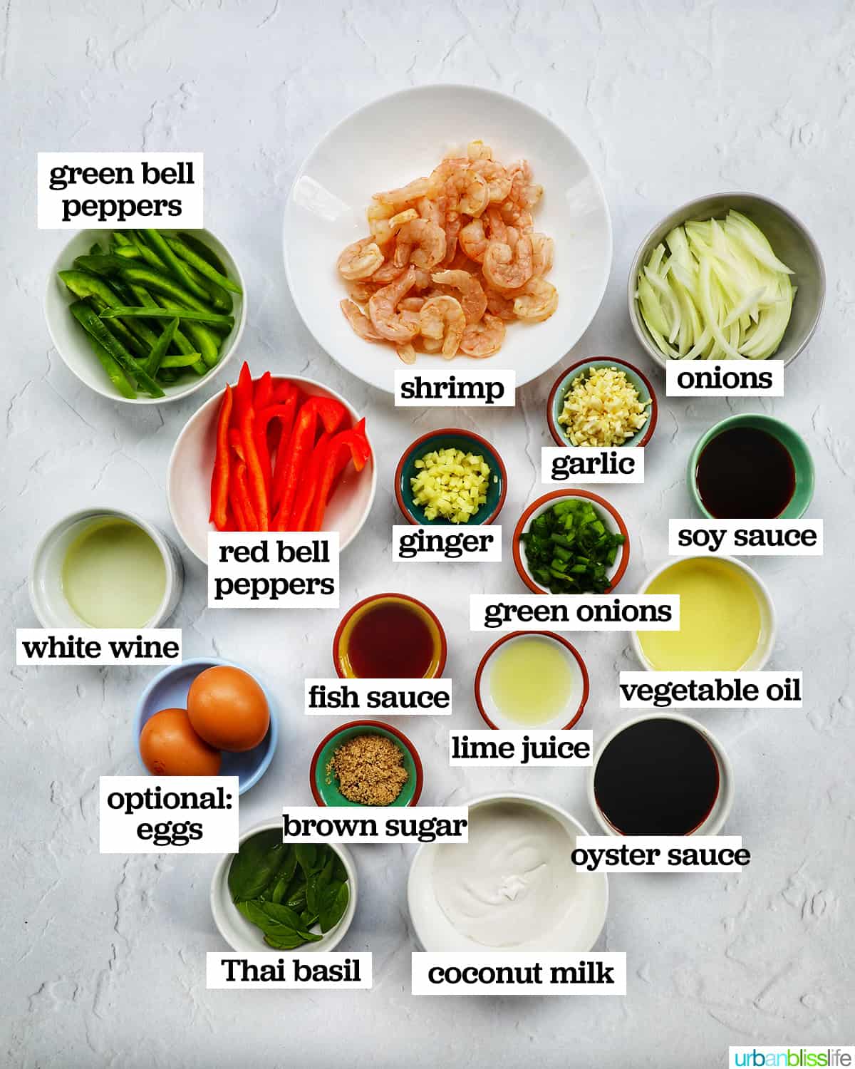 bowls of several ingredients to make Thai Basil Shrimp.