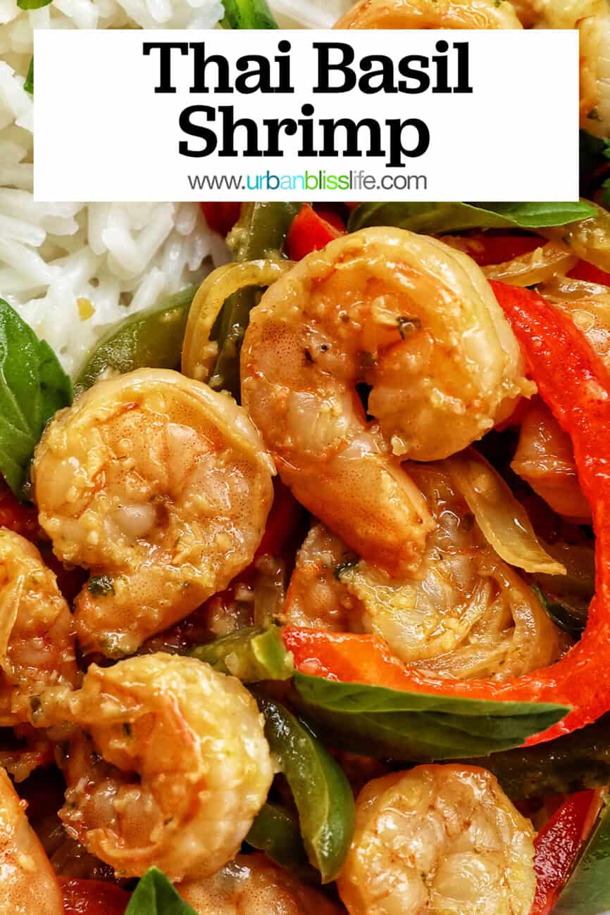 Thai Basil Shrimp with red and green peppers on a bed of rice with title text overlay.