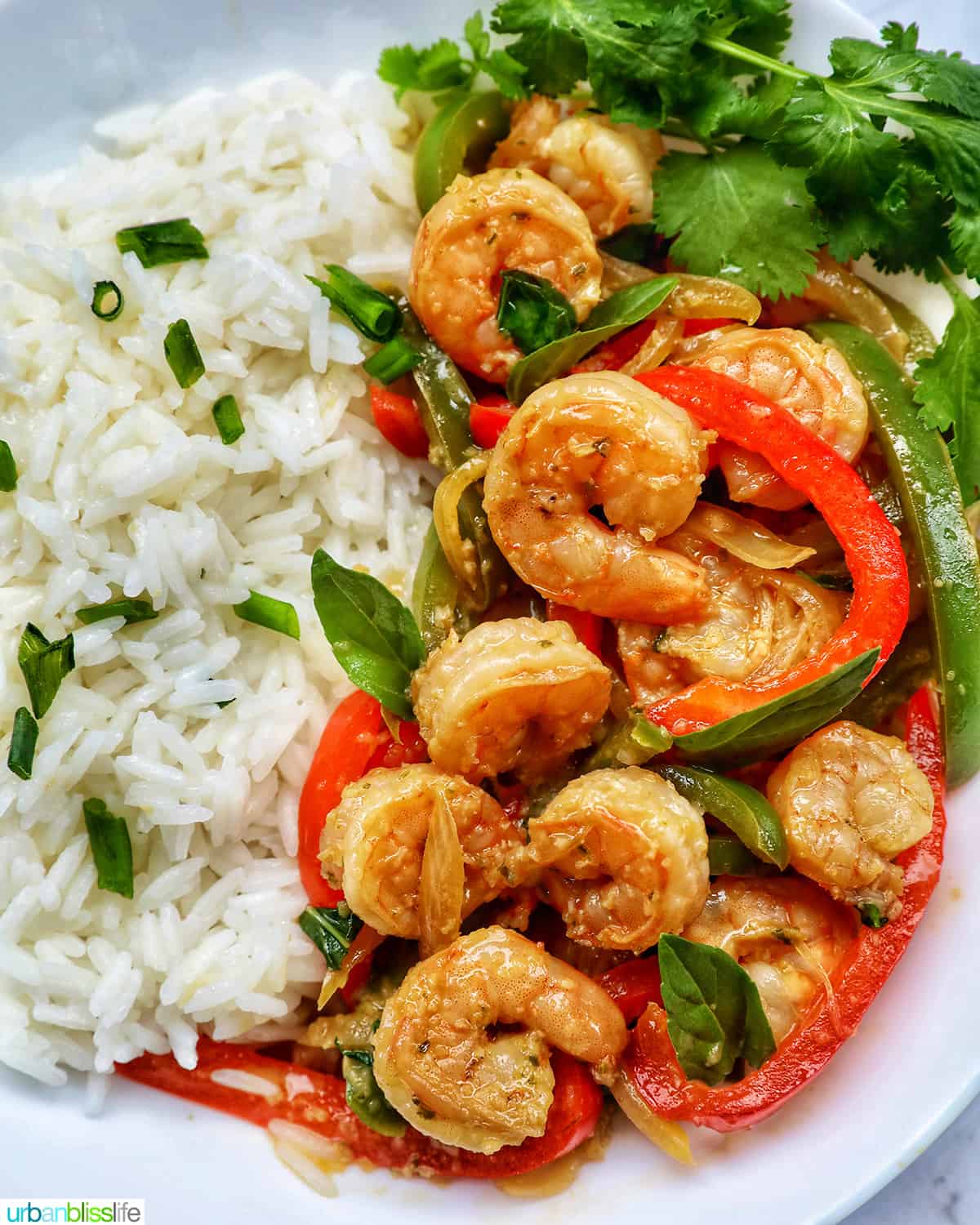 Thai Basil Shrimp with red and green peppers on a bed of rice.