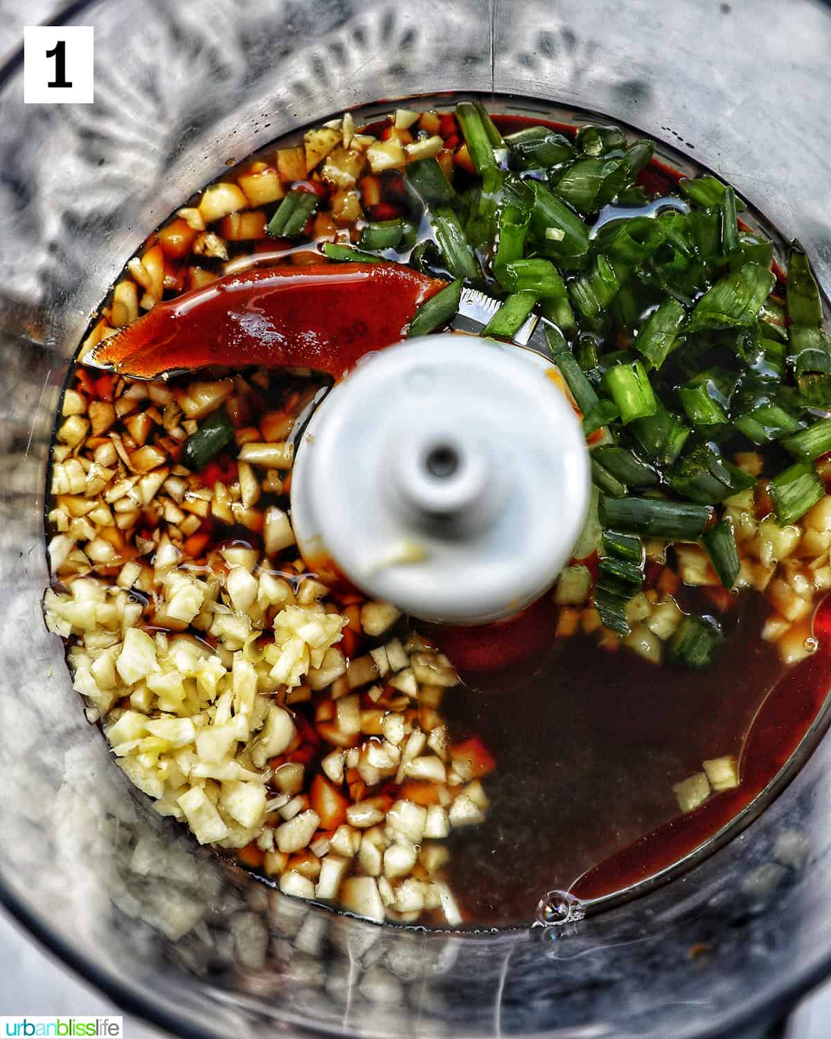 garlic, green onions, ginger, soy sauce, oyster sauce in a food processor