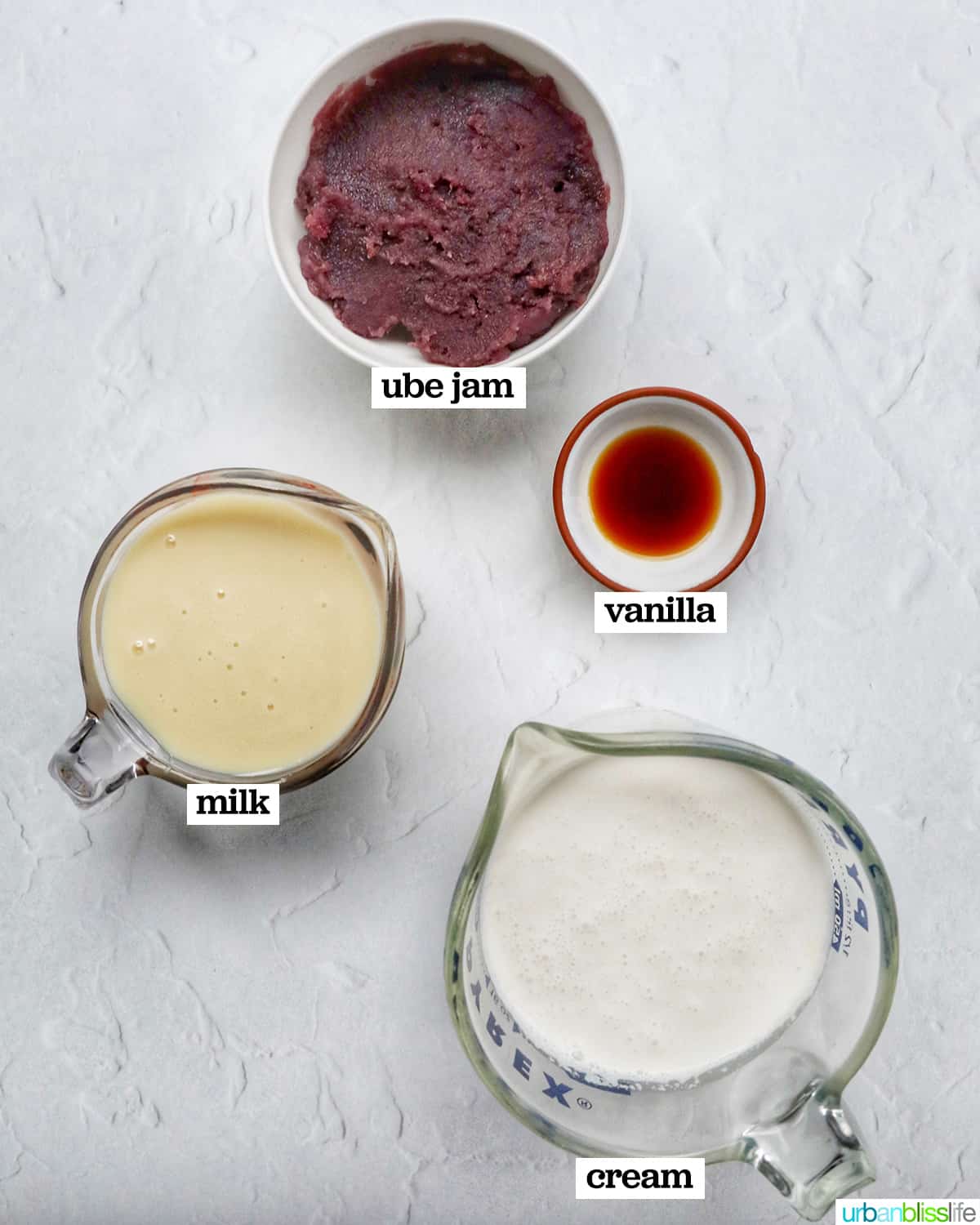 bowls of ingredients to make Ube Ice cream.