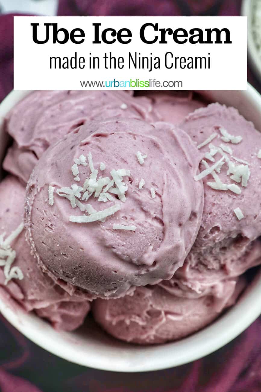 white bowl with scoops of purple ube ice cream topped with coconut flakes with title text that reads Ube Ice Cream.