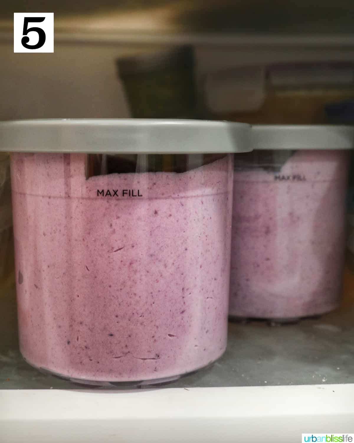 ube ice cream in Ninja Foodi pint containers in the freezer.