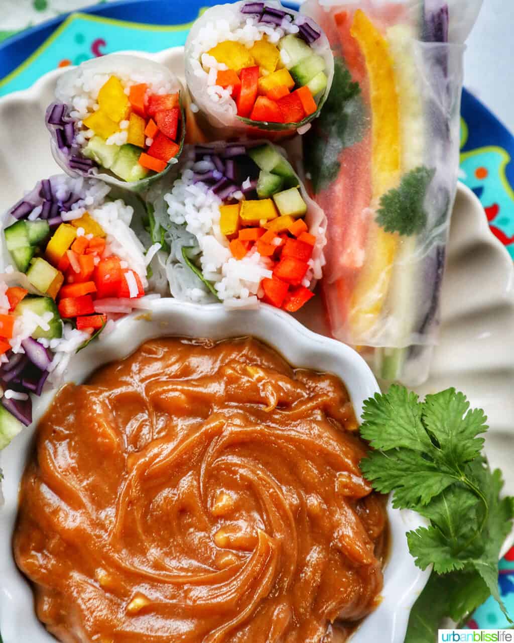 vegan summer rolls cut in half showing the vegetables and vermicelli noodles with a side of thai peanut sauce in a bowl.