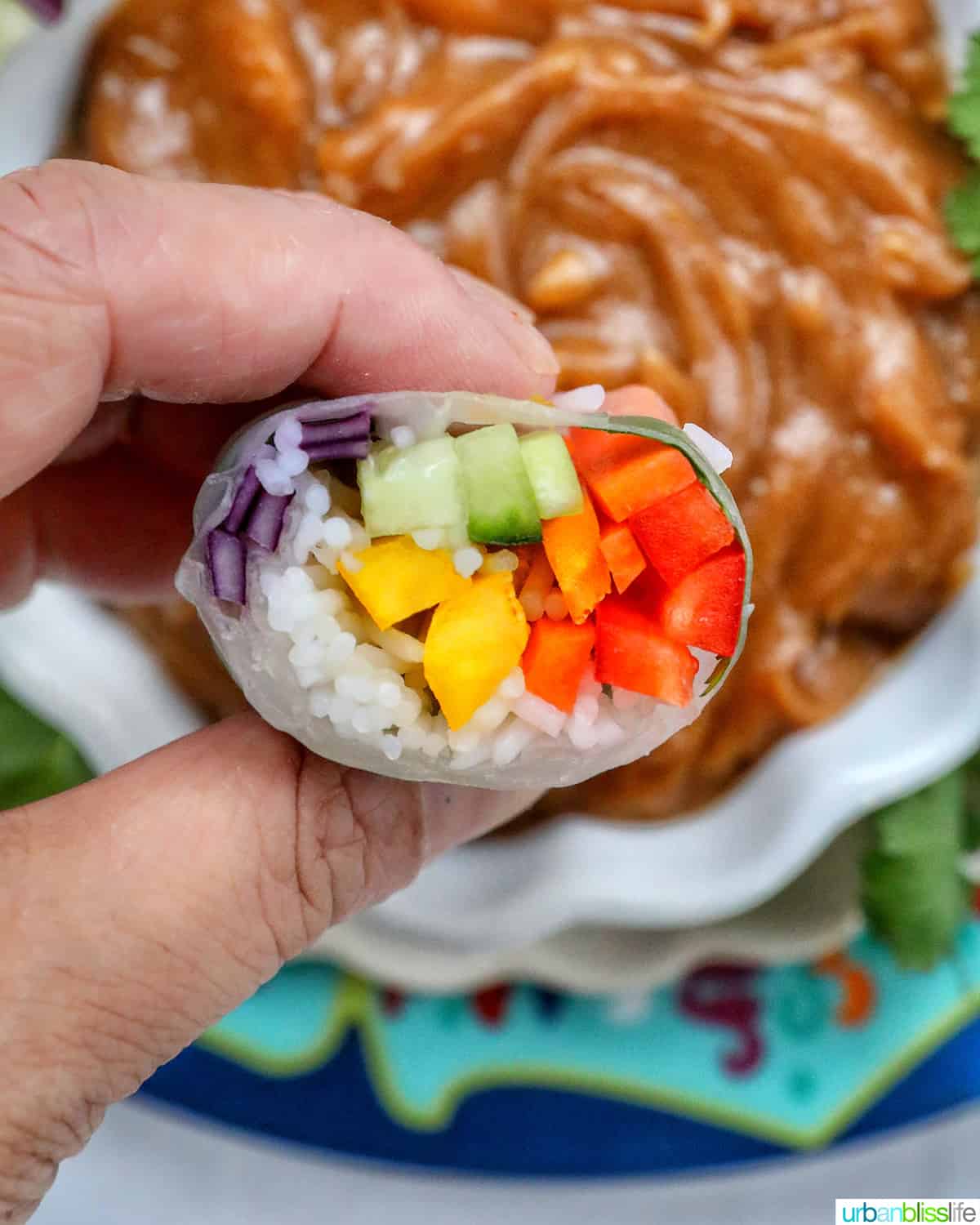hand holding a sliced open vegan rainbow roll above a bowl of thai peanut sauce.