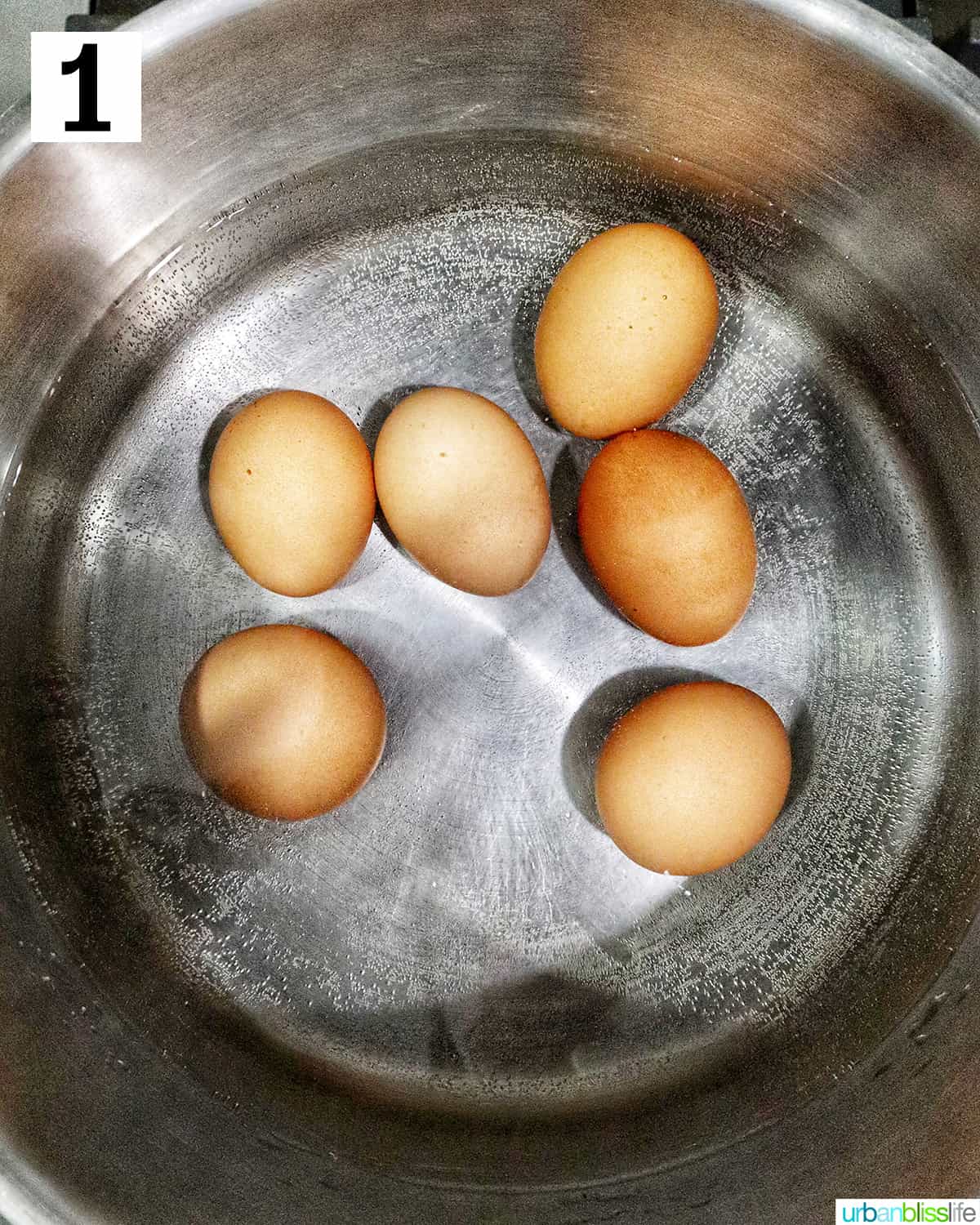 several brown eggs in a saucepan with water.