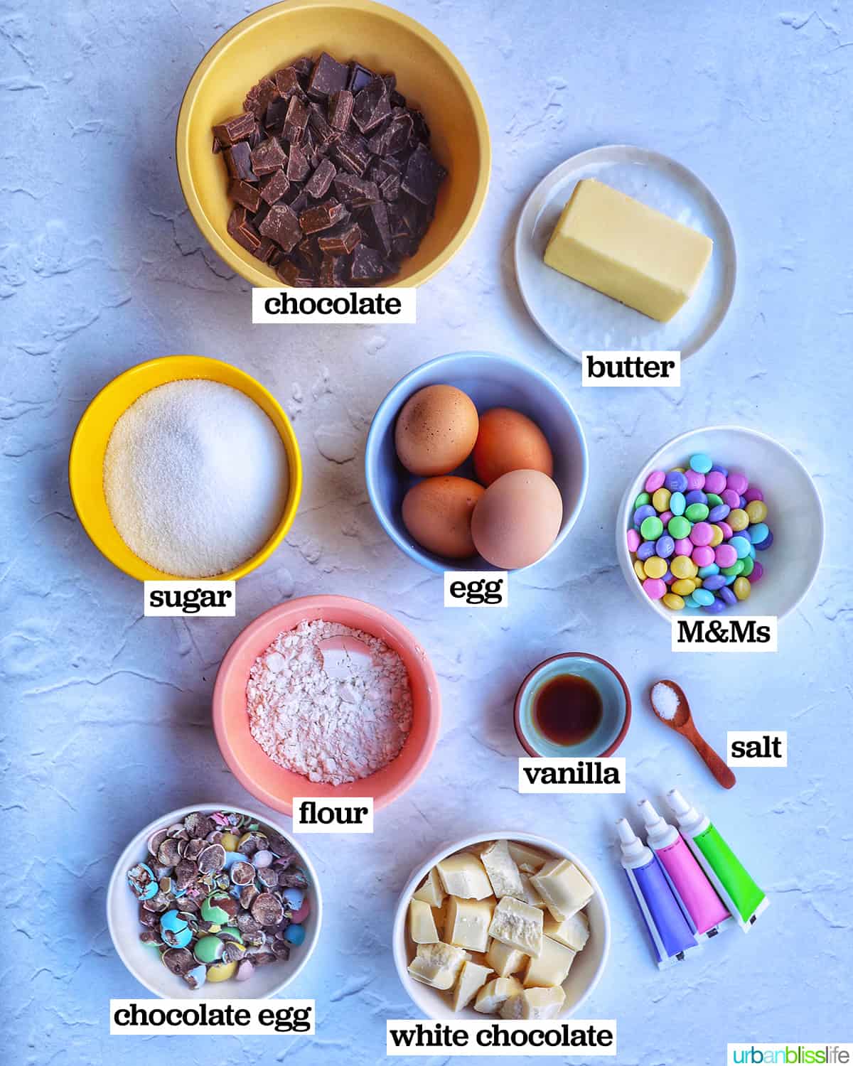 bowls of ingredients to make Easter brownies.