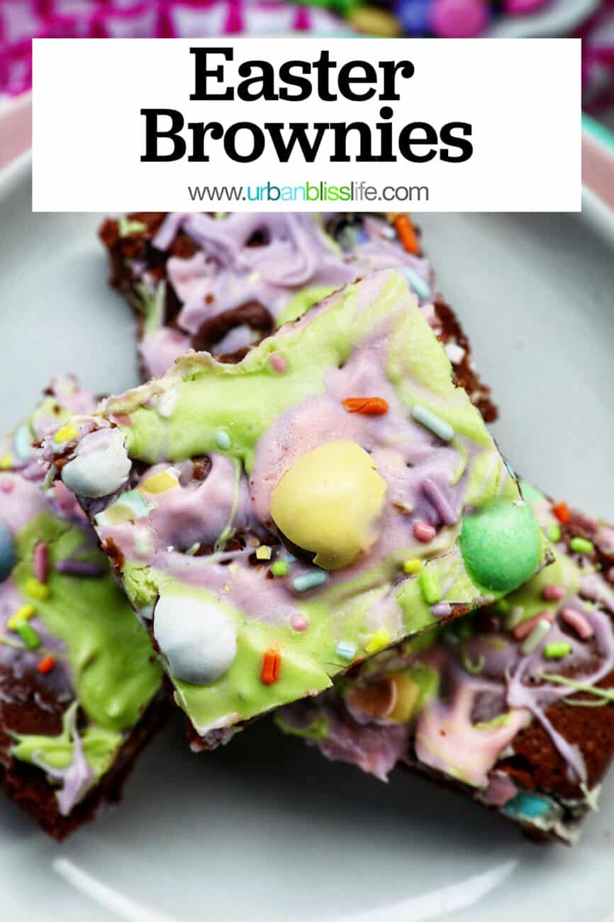 colorful Easter brownies stacked on a plate with title text that reads Easter Brownies.