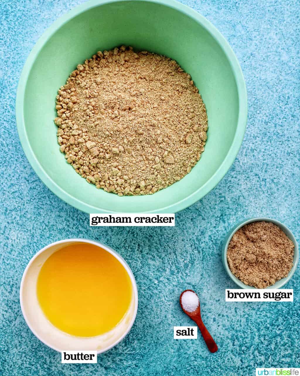 bowls of ingredients to make a cookie crust.