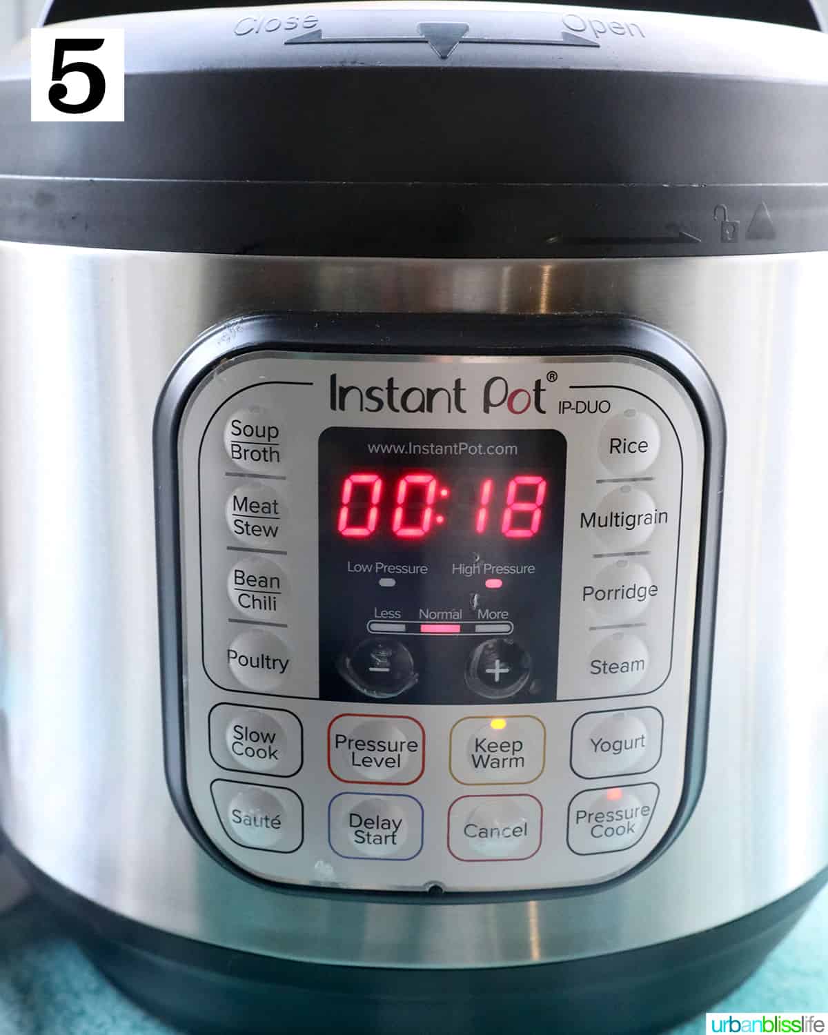 instant pot set to pressure cook for 18 minutes.
