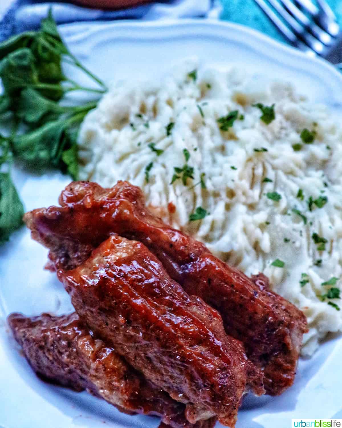 plate of Instant Pot country style ribs and mashed potatoes with herbs.