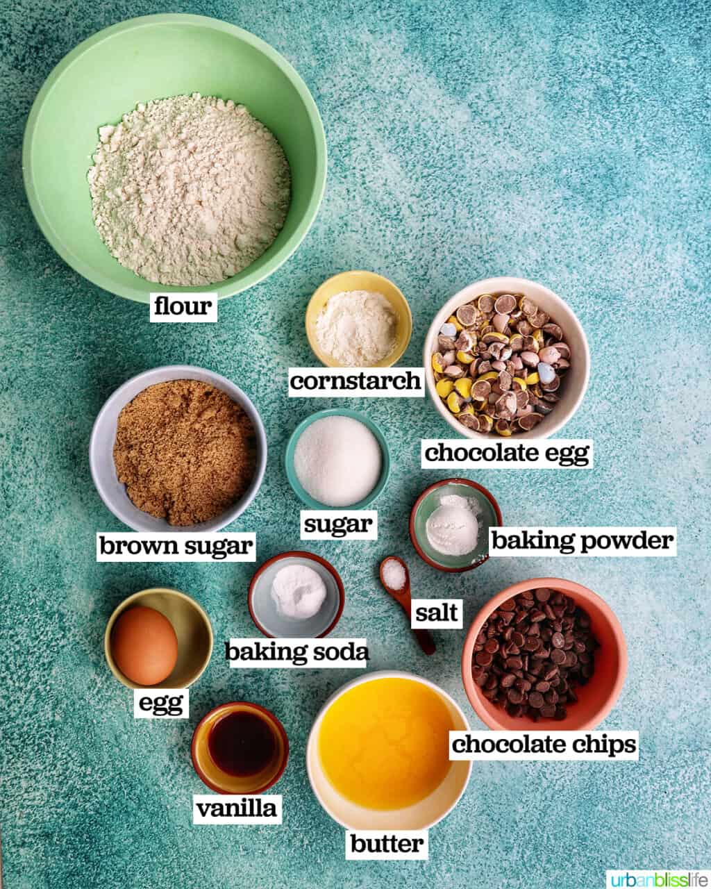 bowls of ingredients to make mini egg cookies.