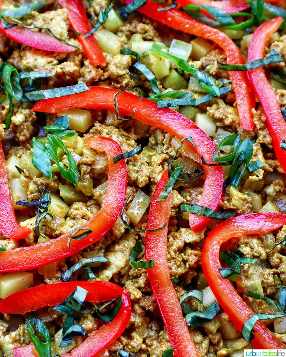 closeup of thai curry pizza toppings with sliced red peppers and sliced fresh basil.