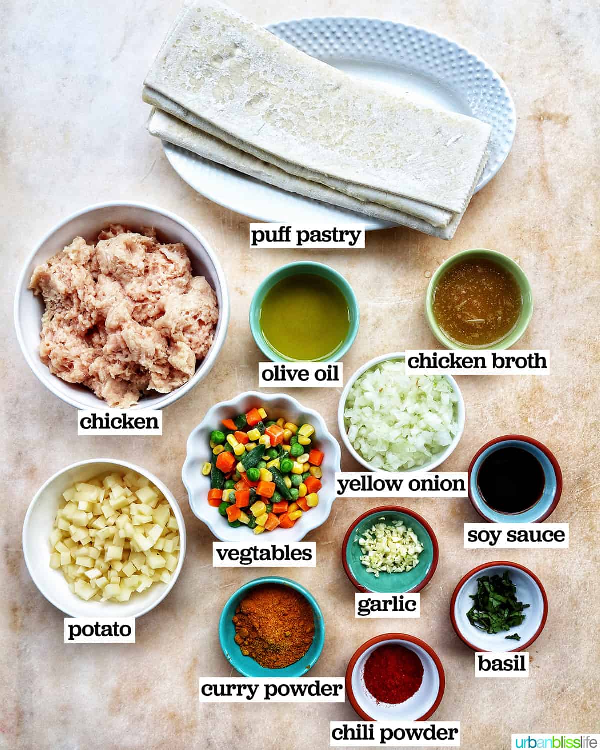 bowls of ingredients to make Thai curry puffs.