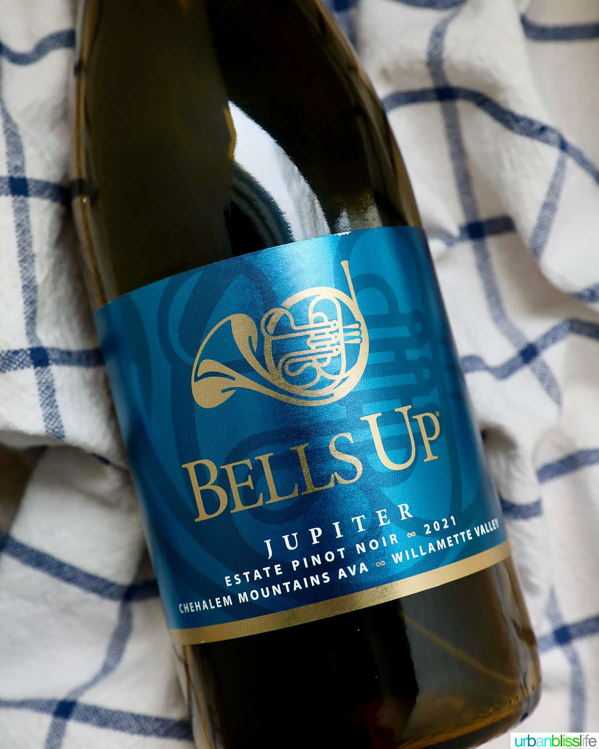 bottle of Bells Up Winery Jupiter Pinot noir on a checkered napkin.