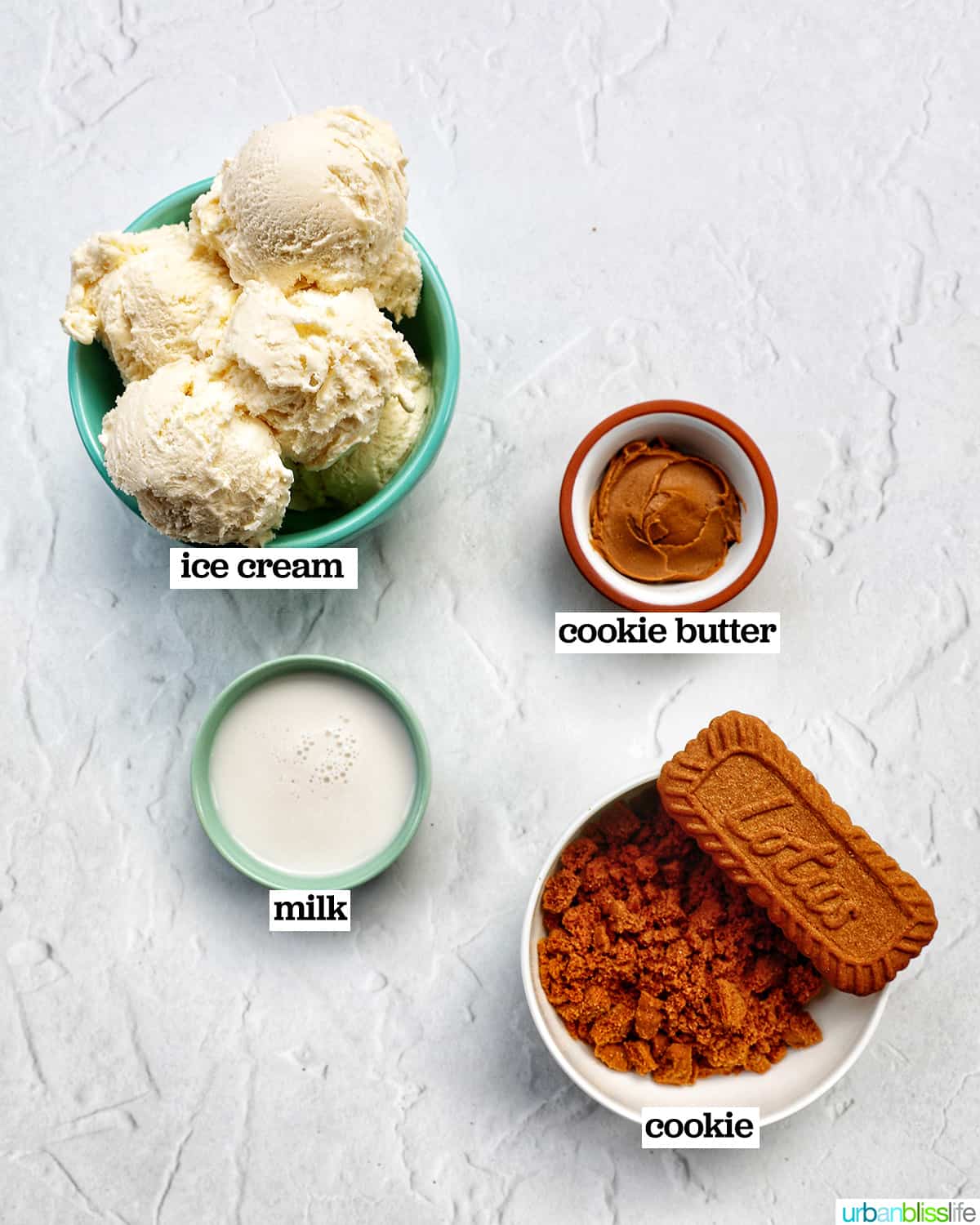 bowls of four ingredients to make Biscoff Milkshakes.