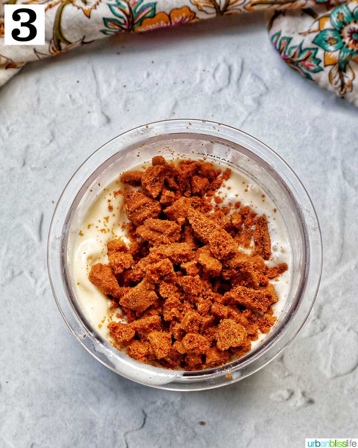 Crumbled Biscoff cookies on top of vanilla ice cream in a Ninja Creami pint container.