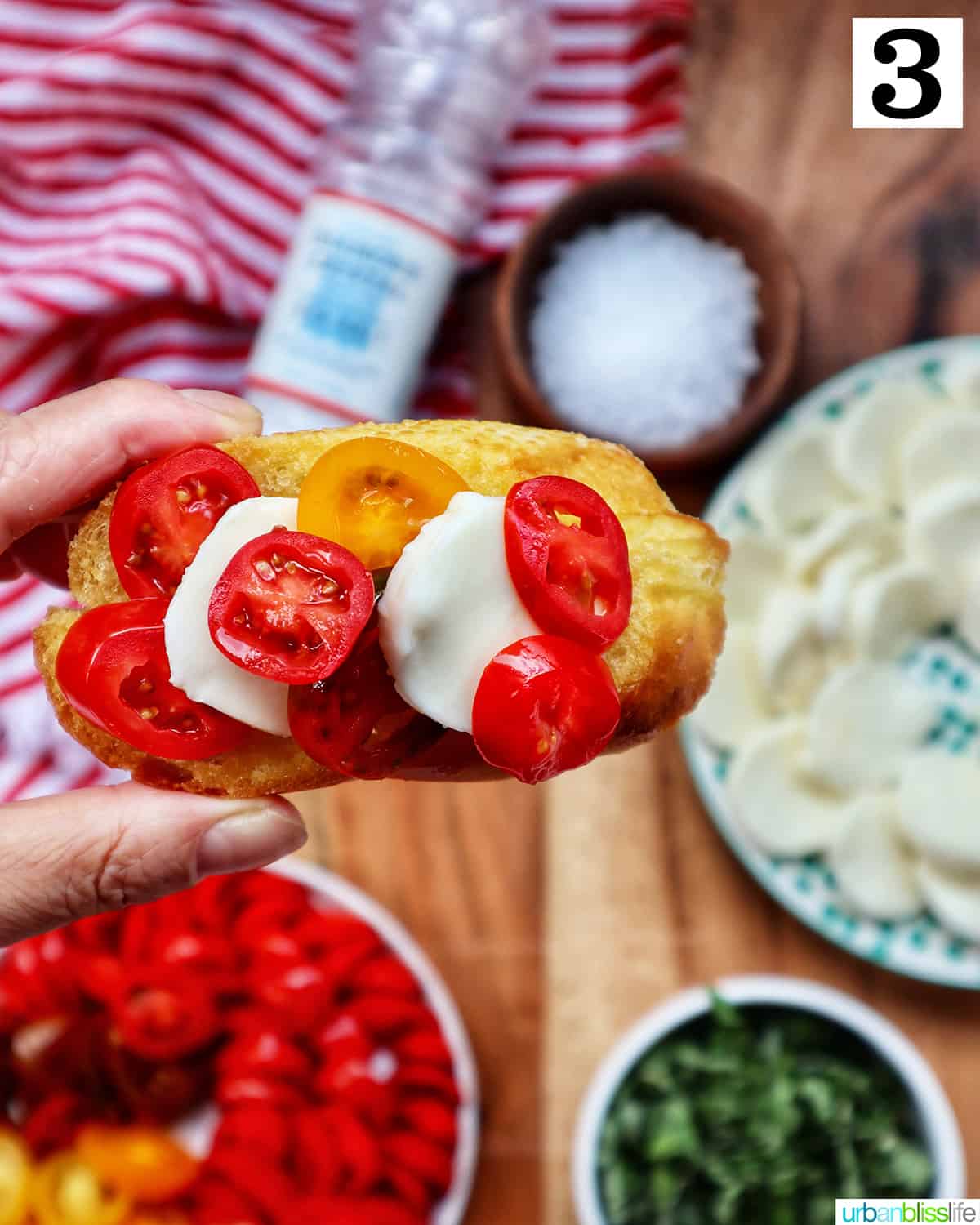 hand holding a crostini with tomatoes, mozzarella, basil above a table with plates of the same toppings and a bowl of sea salt.