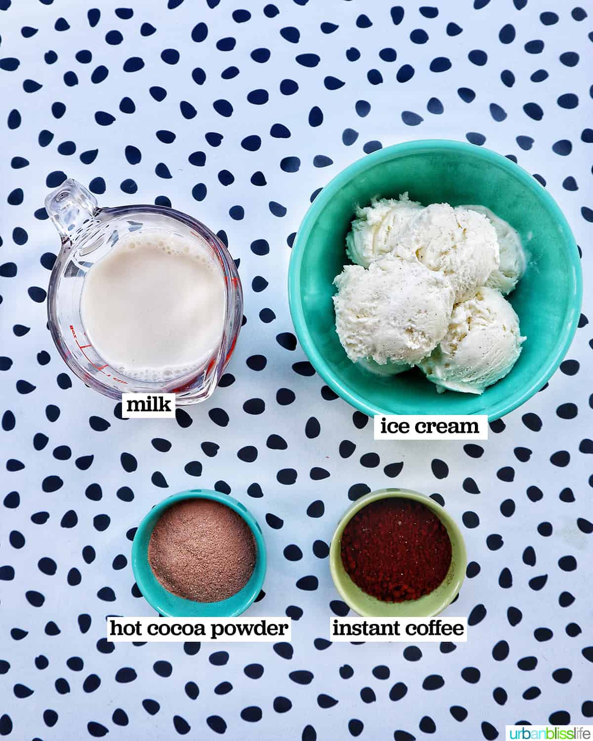 bowls of ingredients to make a coffee milkshake on a polka dot background.