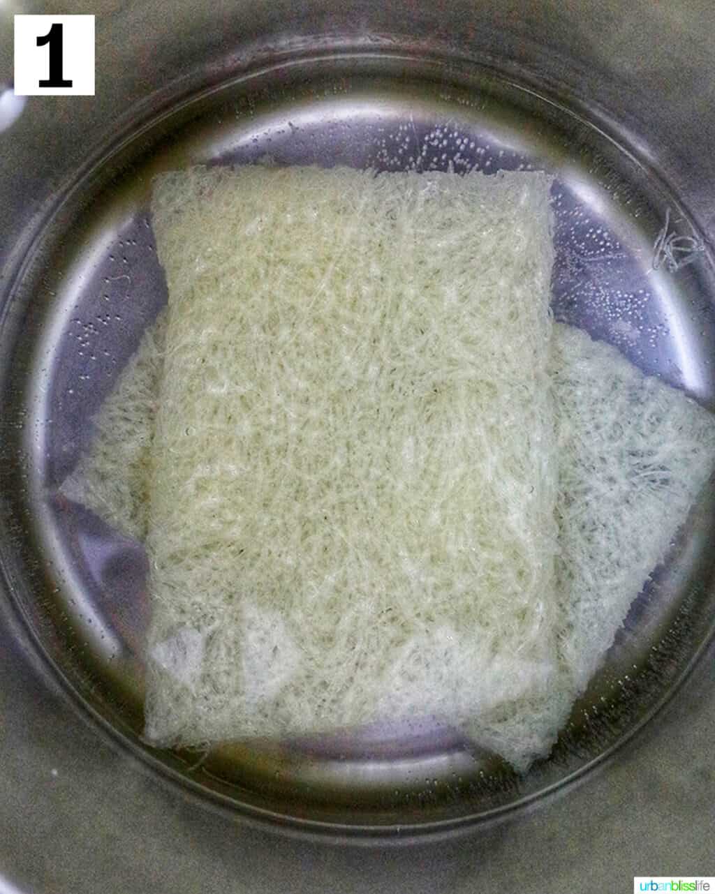 two packages of rice noodles soaking in a large pot of water.