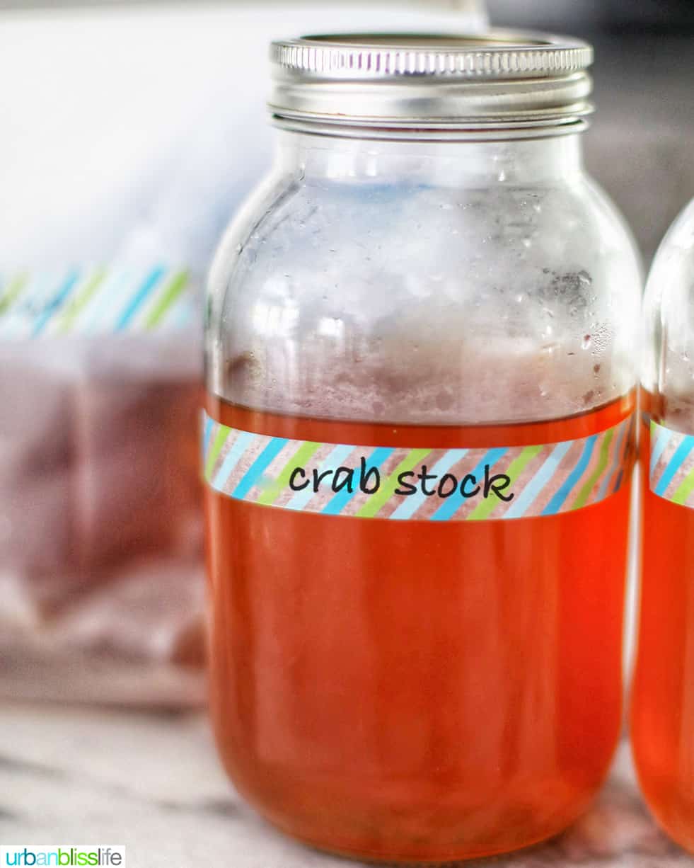 mason jar with crab stock and label that reads Crab Stock.