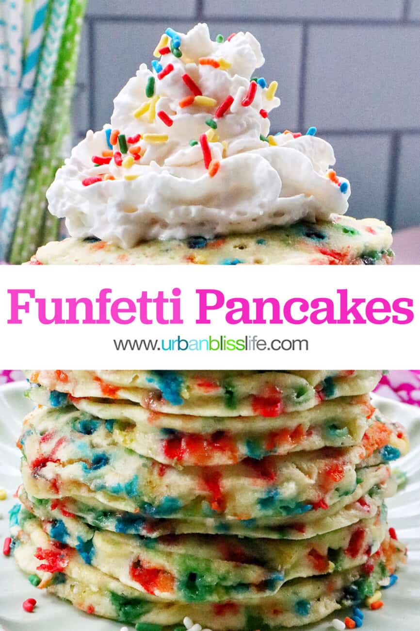 huge stack of funfetti pancakes with whipped cream and sprinkles on a scalloped green plate.