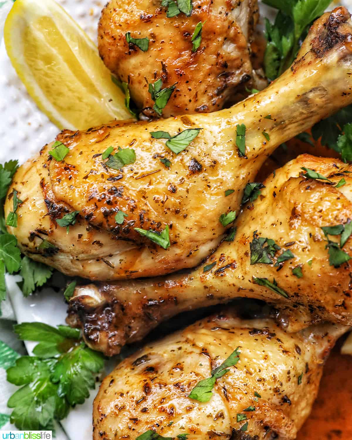 Stack of chicken drumsticks with seasoning and garnished with parsley and side of lemon wedges on bed of herbs.