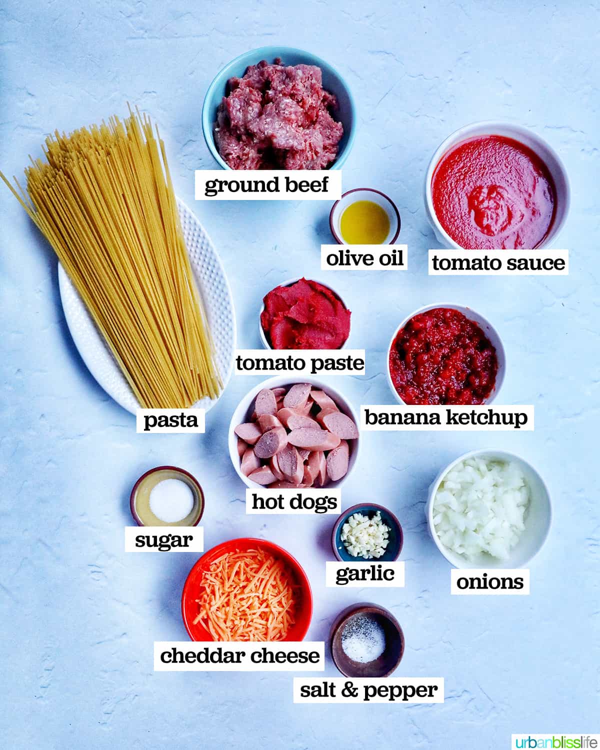 bowls of ingredients to make jollibee spaghetti (filipino style spaghetti) with text reading each ingredient.