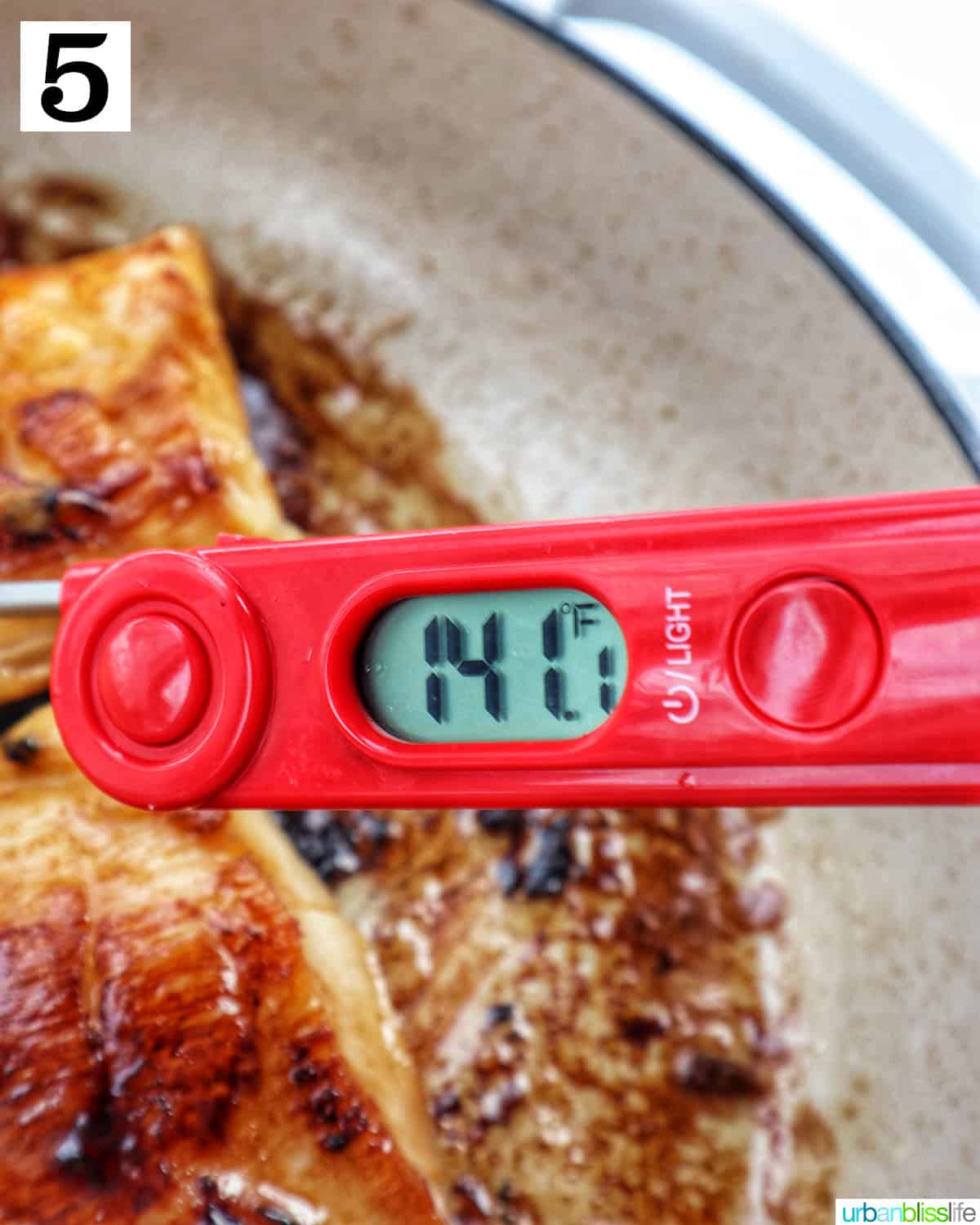 meat thermometer in a white fish showing 141 degrees.