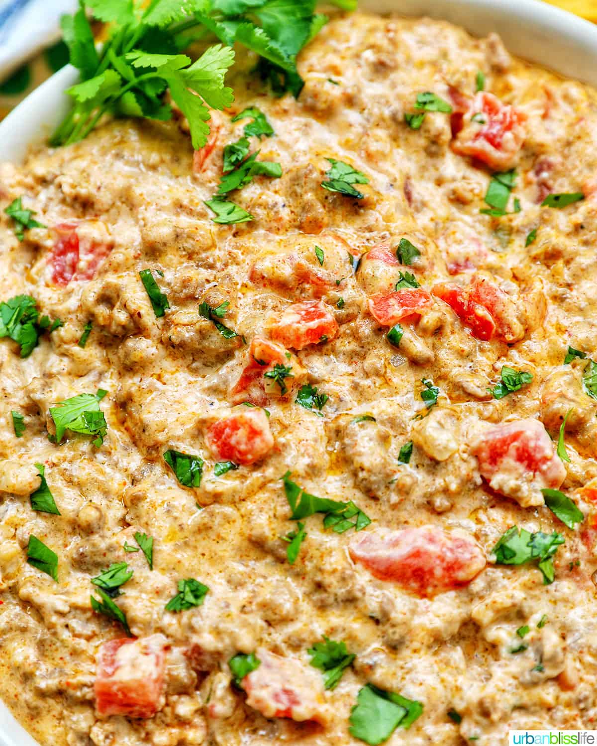 taco dip with ground beef, tomatoes, and cilantro in a large white bowl.