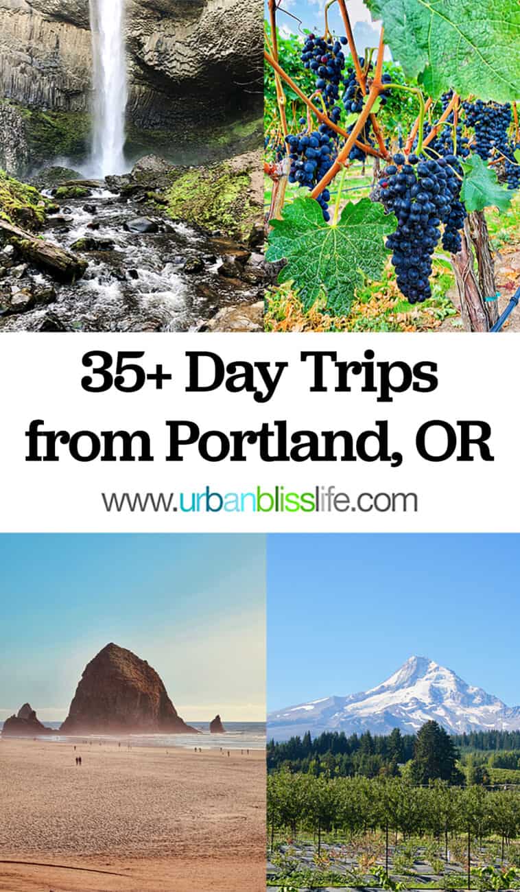 photos of waterfalls, vineyard grapes, haystack rock at cannon beach, and mount hood with title text that reads 35+ day trips from Portland, Oregon.