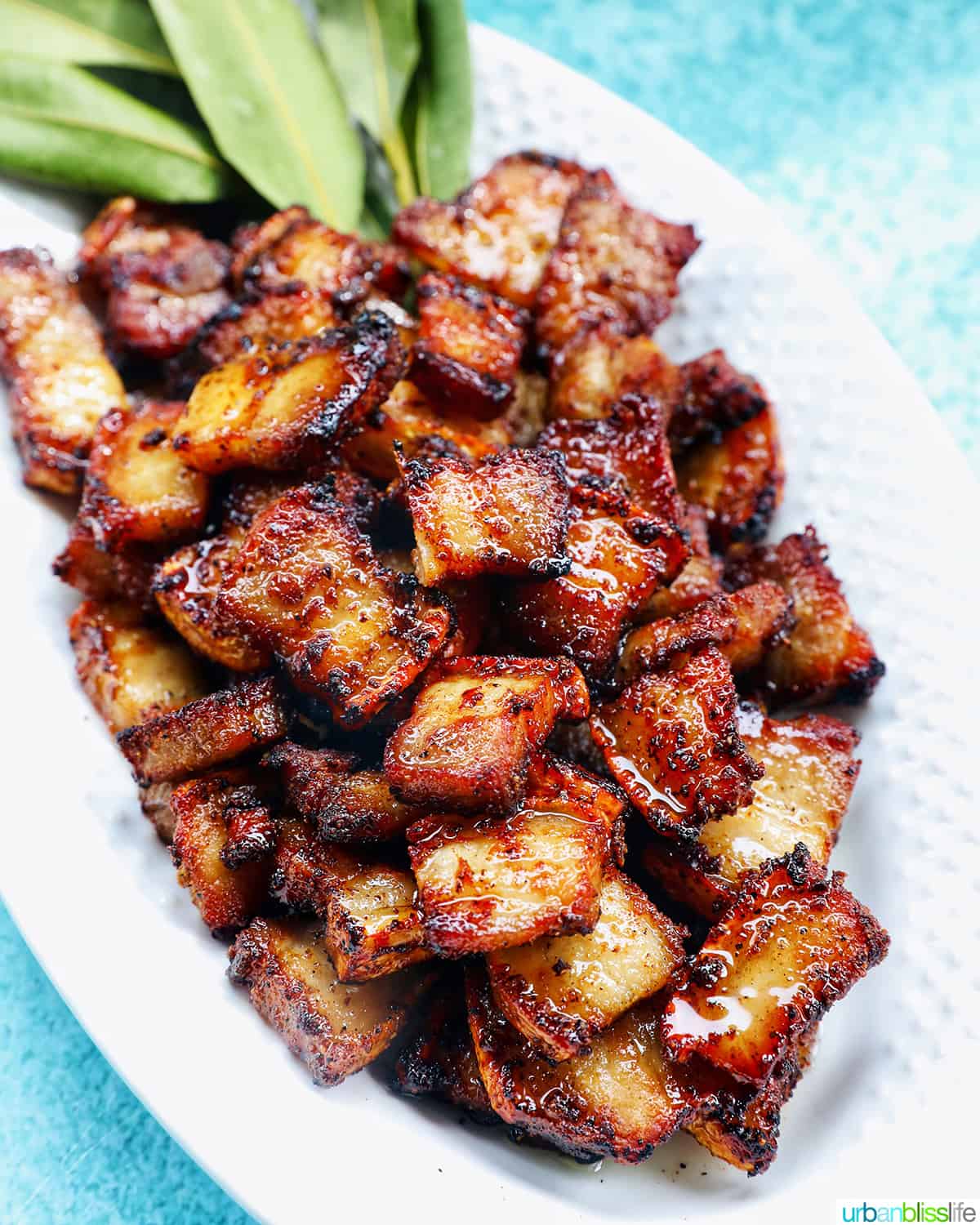 pile of air fryer pork belly bites on a white serving platter with bay leaves on a blue background.