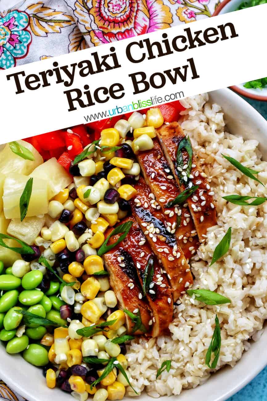 chicken teriyaki donburi bowl with brown rice, teriyaki chicken, corn, edamame, pineapple, red pepper.