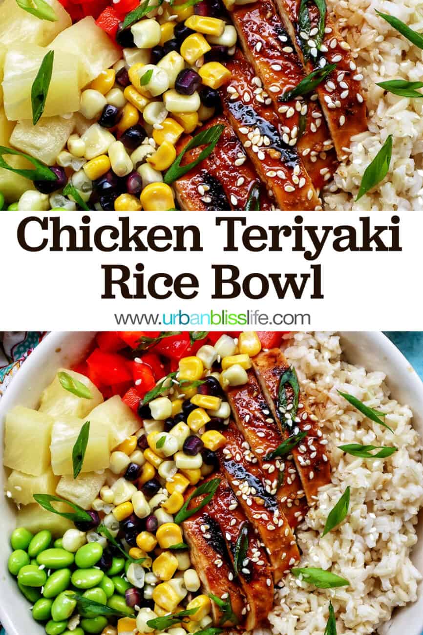 chicken teriyaki donburi bowl with brown rice, teriyaki chicken, corn, edamame, pineapple, red pepper.